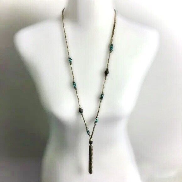 Tassel Necklace Gold Chain Silver Beaded Turquoise Color Stones Lava Beads - Picture 2 of 13